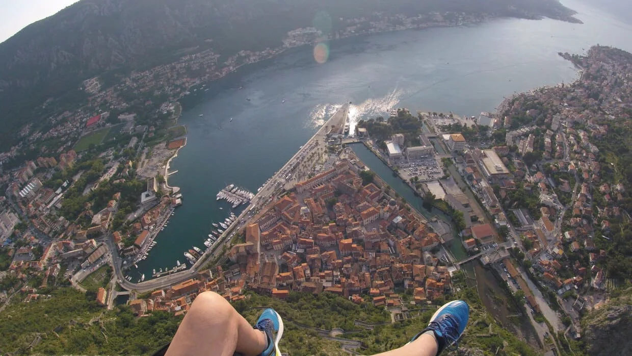 Kotor Old Town seen from above during a tandem paragliding route.